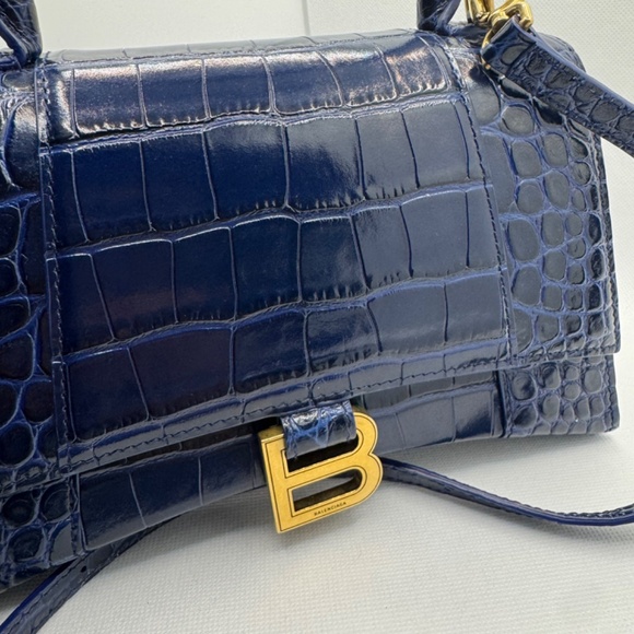 BALENCIAGA Hourglass Small Shiny Croc Bag in Dark Blue - Picture 6 of 8